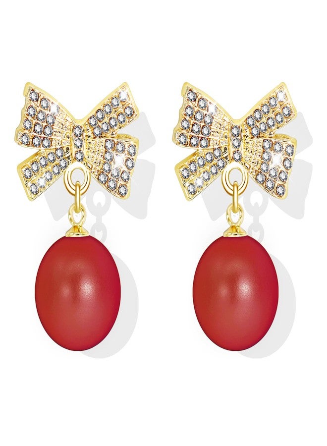 Nylry Bow Earrings for Women Trendy Red Earrings for Women Rhinestone Bowknot Pearl Earrings Dangle Winter Christmas Bow Stud Earrings Holiday Jewelry Cute Stuff Valentines Gifts for Women-Red - Image 1